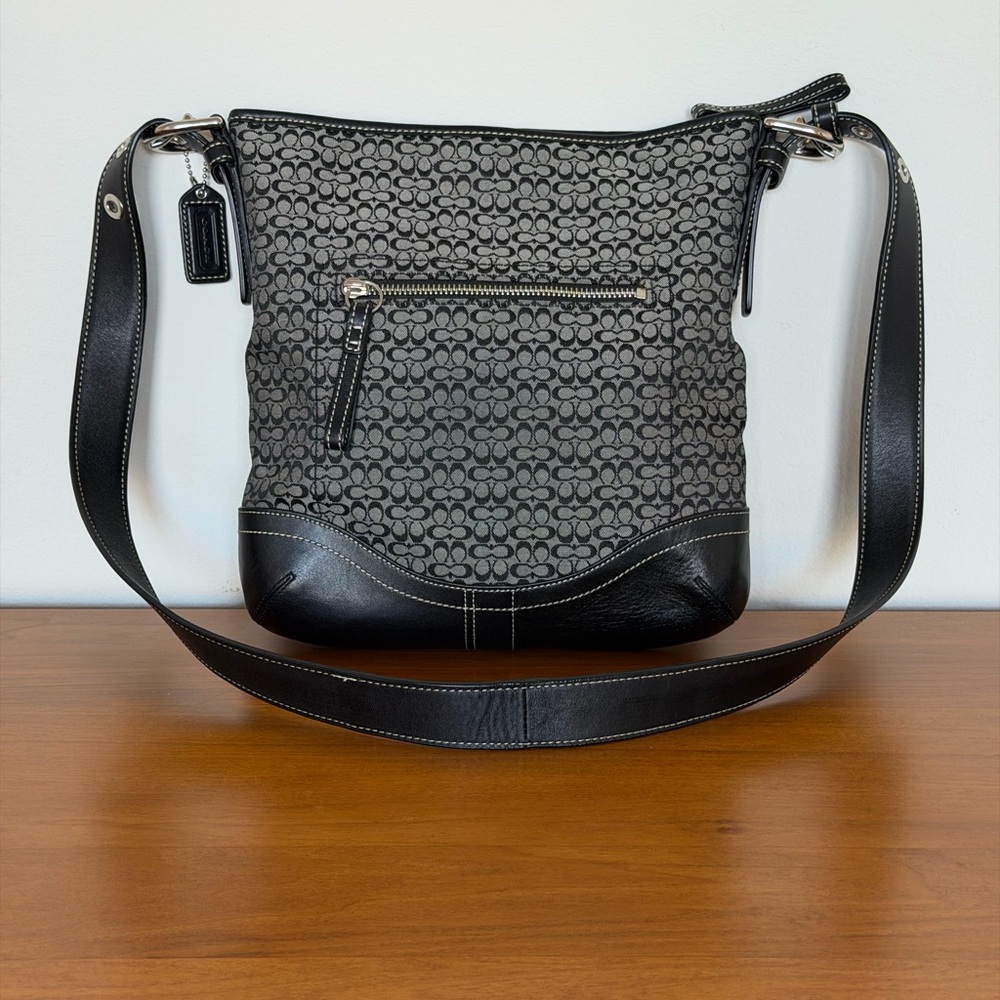 Coach Signature Grey Crossbody Bag with Black Leather Trim